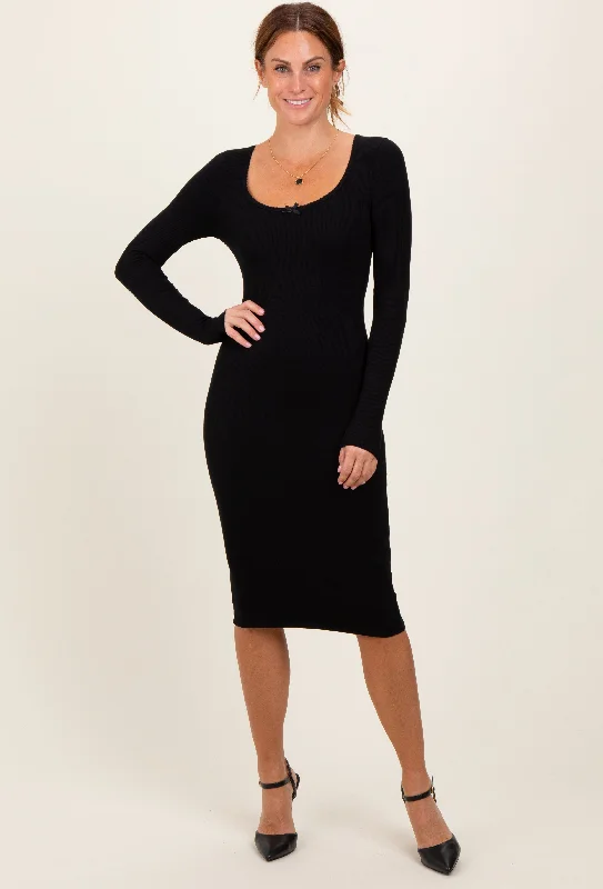 puff sleeve midi dress-Black Bow Trim Neckline Long Sleeve Midi Dress