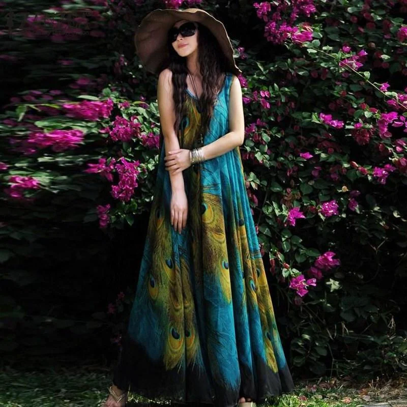 casual summer maxi dress-Blue Peacock Chiffon Boho Maxi Dress