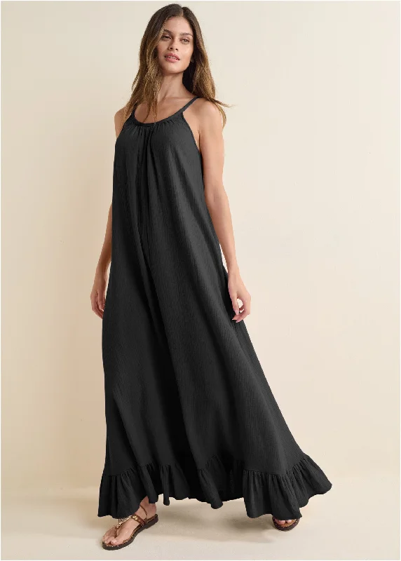 floral bardot maxi dress-Tie-Back Ruffle Maxi Dress - Black