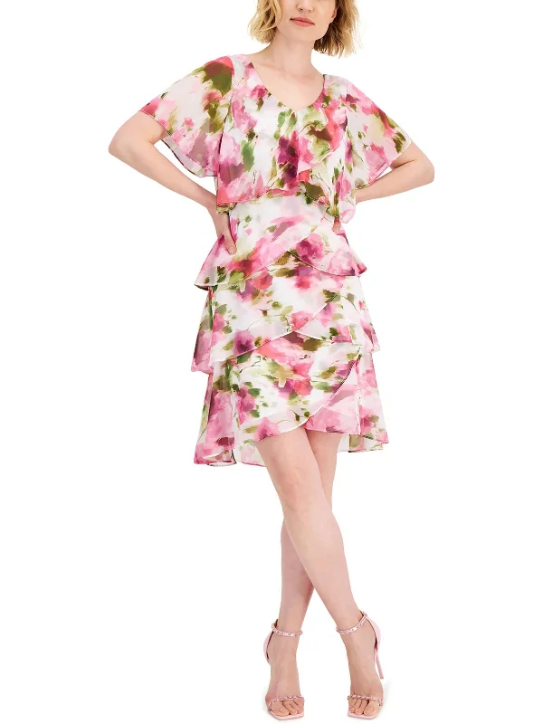 knee length cocktail dress-Womens Chiffon Floral Cocktail and Party Dress