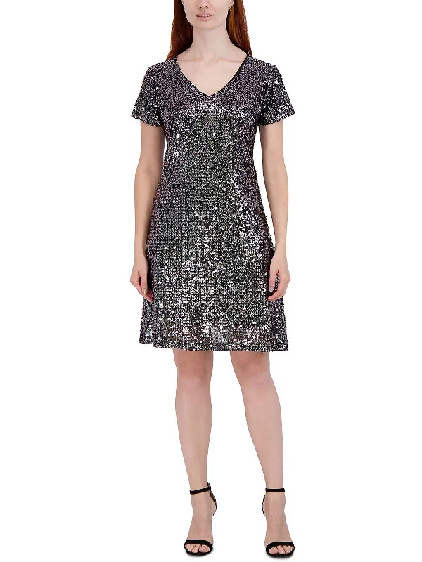 black cocktail dress-Petites Womens Sequined Knee Cocktail and Party Dress