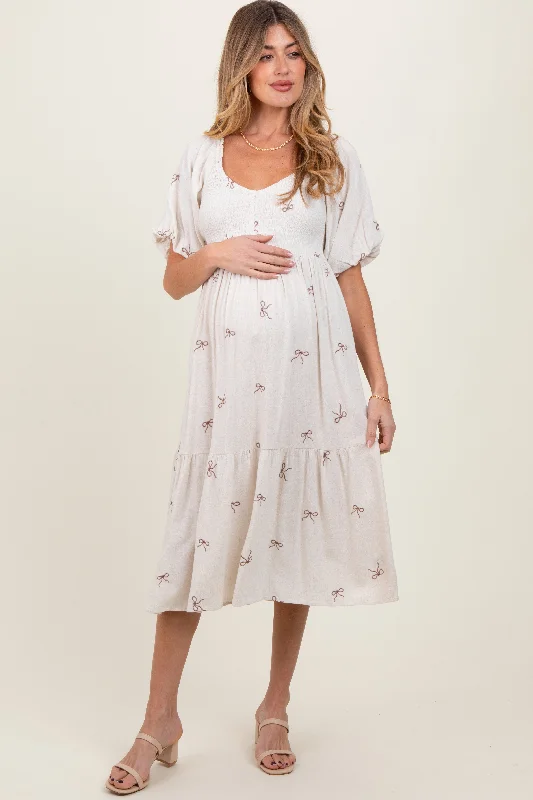 tropical print midi dress-Cream Ribbon Print Smocked Maternity Midi Dress