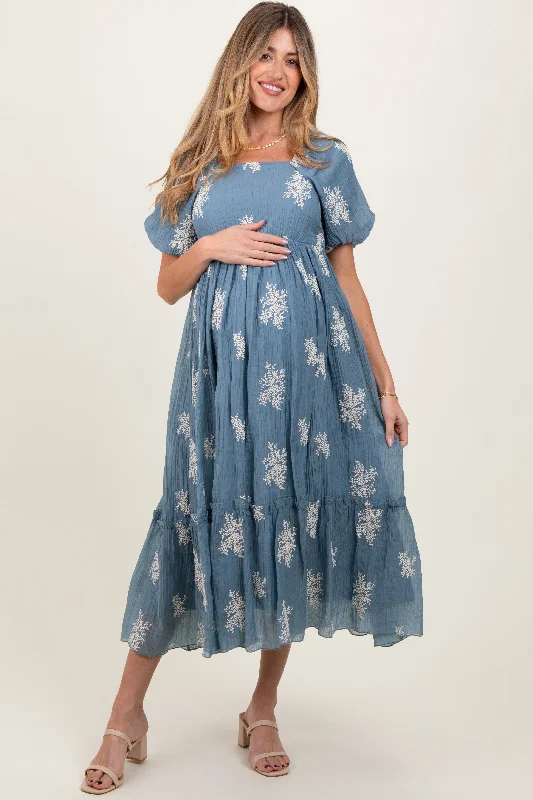 mesh midi dress-Blue Floral Print Ruffle Hem Maternity Midi Dress