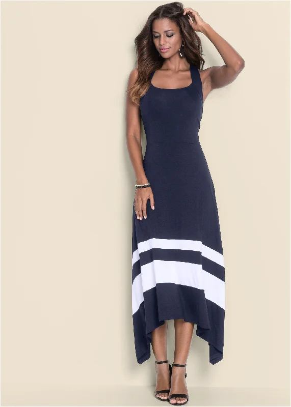 sleeveless cotton maxi dress-Color Block Maxi Dress - Navy & White