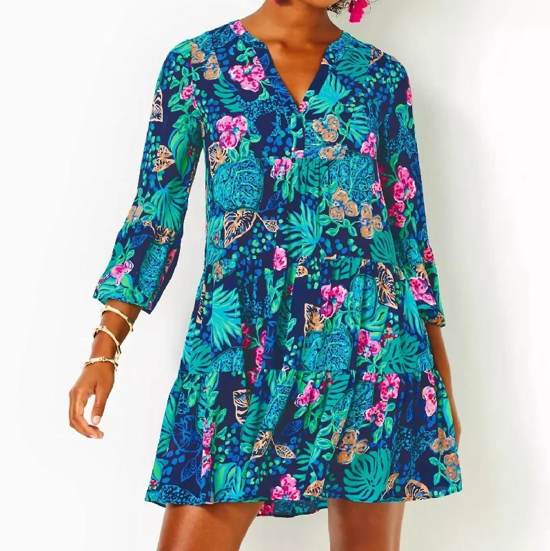 cocktail dress with cape-Gabriel 3/4 Sleeve Tunic Dress In Low Tide Navy Life Of The Party