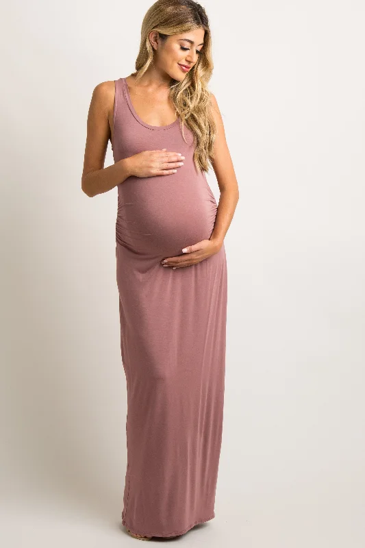 cotton maxi dress-PinkBlush Mauve Sleeveless Fitted Maternity Maxi Dress