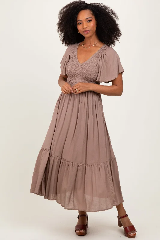 sweetheart neck midi dress-Mocha Smocked Midi Dress