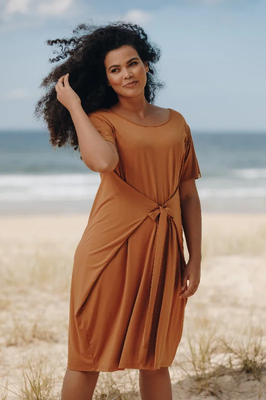 drawstring midi dress-Short Sleeve Tidal Midi Dress | Outback Sand | FINAL SALE