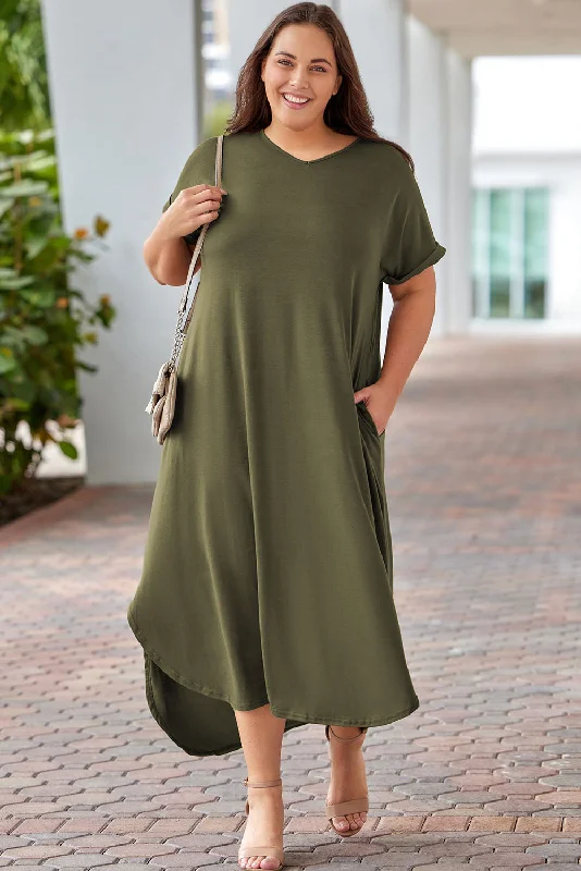 lace maxi dress-Green Plus Size V Neck Rolled Cuffs Maxi Dress