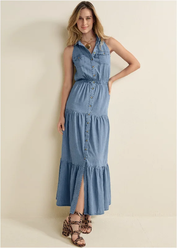 casual knit maxi dress-Chambray Tiered Maxi Dress  - Medium Wash