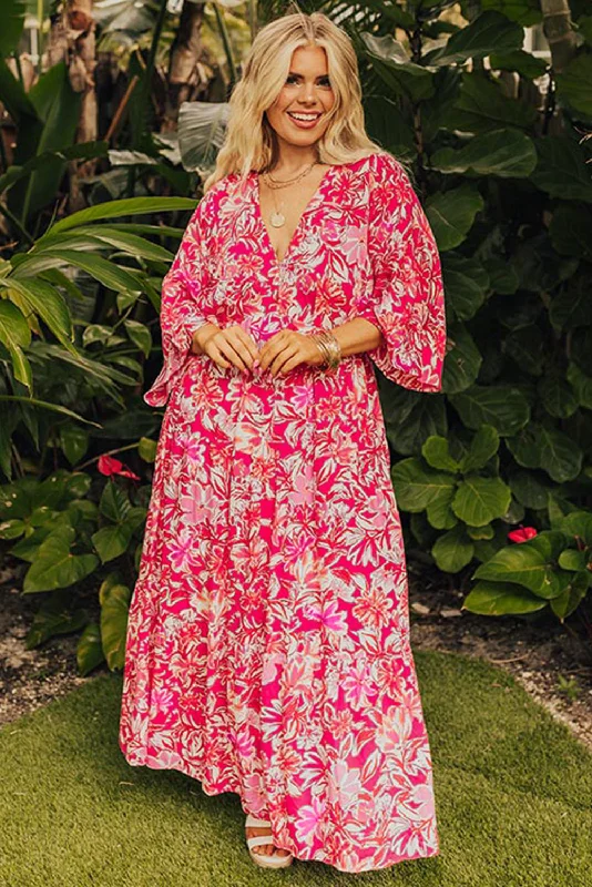 crochet maxi dress-Rose Plus Size Floral V Neck Wide Sleeve Maxi Dress