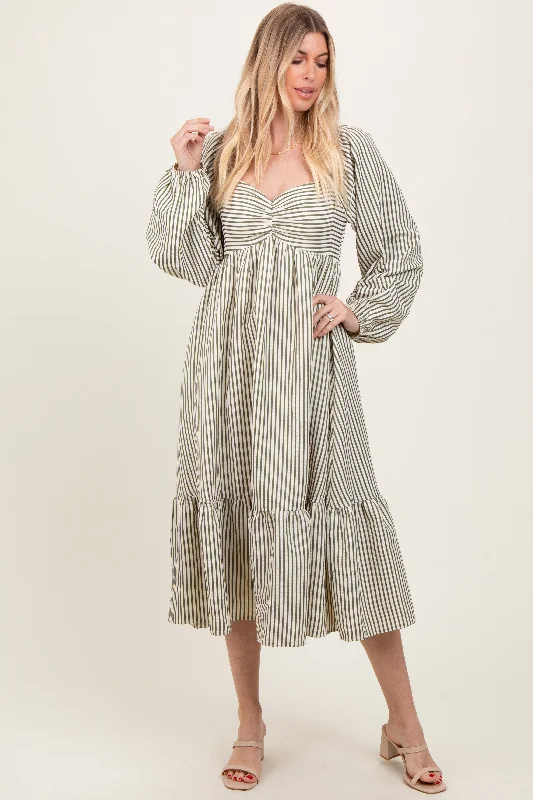 denim midi dress-Olive Striped Ruched Bodice Balloon Sleeved Midi Dress