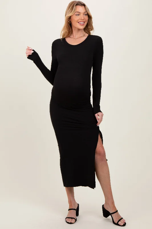 crochet midi dress-Black Ruched Tie Side Slit Maternity Midi Dress