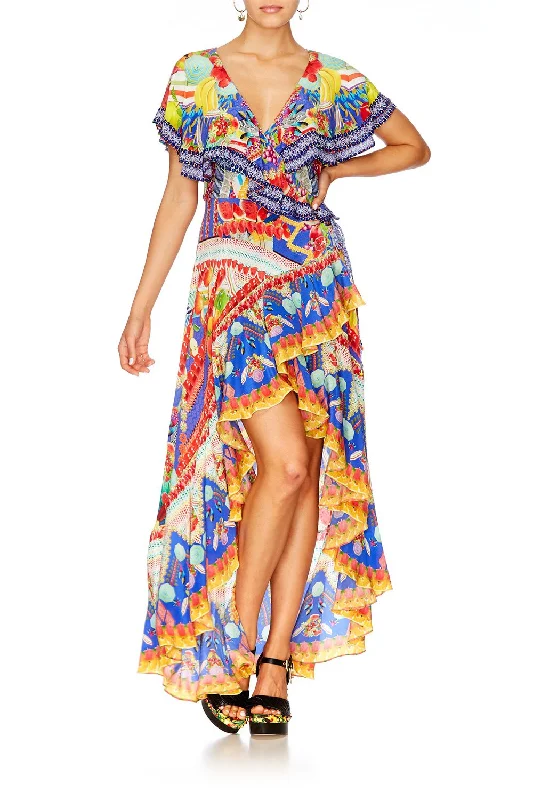 bohemian print maxi dress-FRILL SLEEVE LONG DRESS RIO RIOT