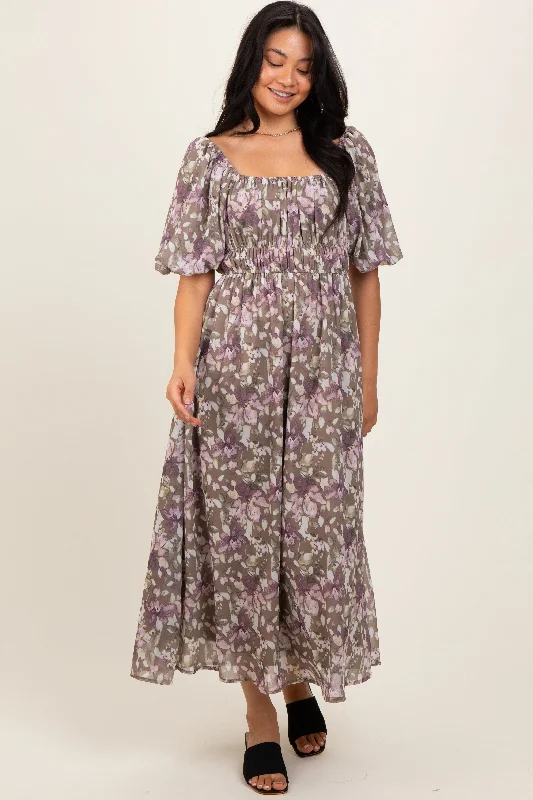 ribbed midi dress-Taupe Floral Square Neck Short Puff Sleeve Midi Dress