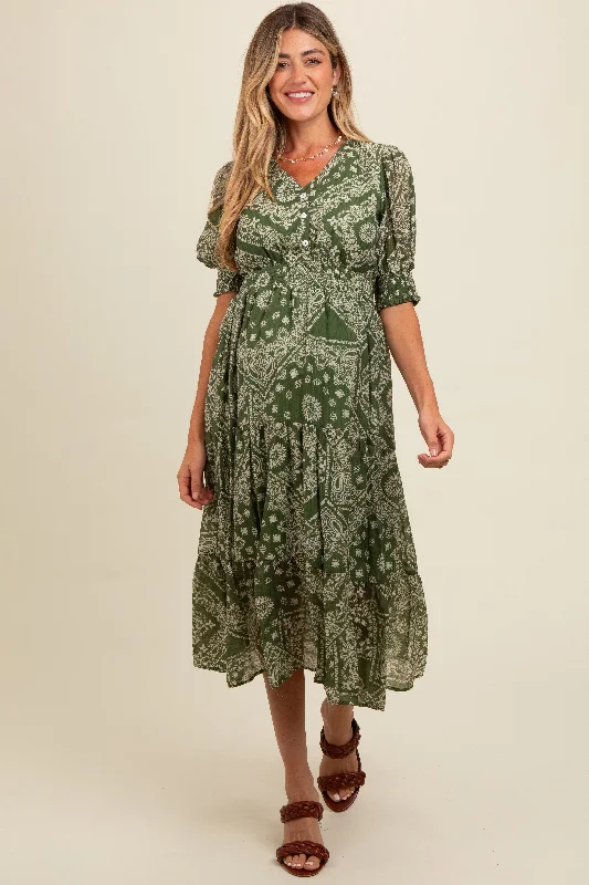 cocktail midi dress-Green Paisley Button Front V-Neck Tiered Maternity Midi Dress