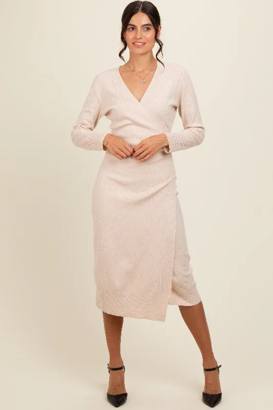 business casual midi dress-Cream Knit Crossover Ruched Midi Dress