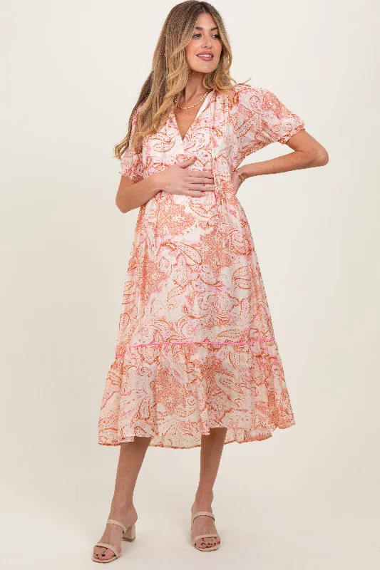 pocketed midi dress-Pink Paisley Front Tie Ruffle Trim Maternity Midi Dress