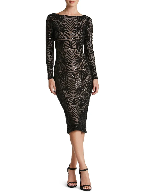 cocktail dress with sleeves-Emery Womens Sequined Illusion Cocktail Dress