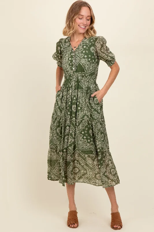 white midi dress-Green Paisley Button Front V-Neck Tiered Midi Dress