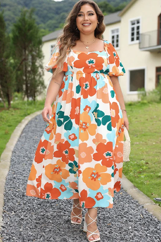 formal maxi dress-Orange Plus Size Flower Print Shirred Square Neck Maxi Dress