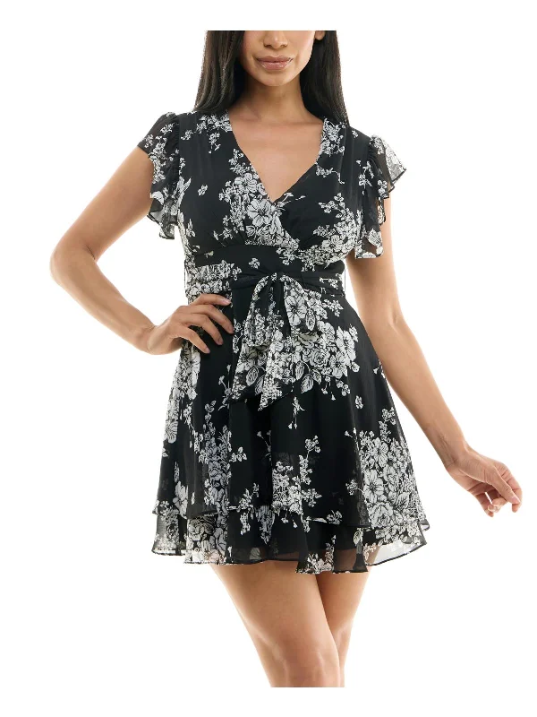 Printed mini dresses with geometric patterns-Juniors Womens Floral Print Polyester Fit & Flare Dress