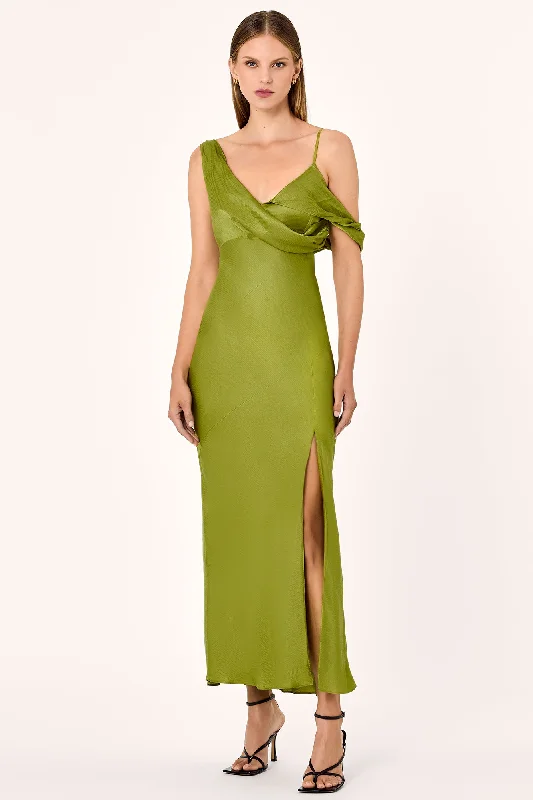 bishop sleeve midi dress-FINLEY ASYM DRAPED MIDI DRESS - MOSS