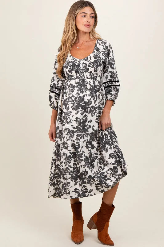 square neck midi dress-Cream Floral Smocked 3/4 Sleeve Tiered Maternity Midi Dress