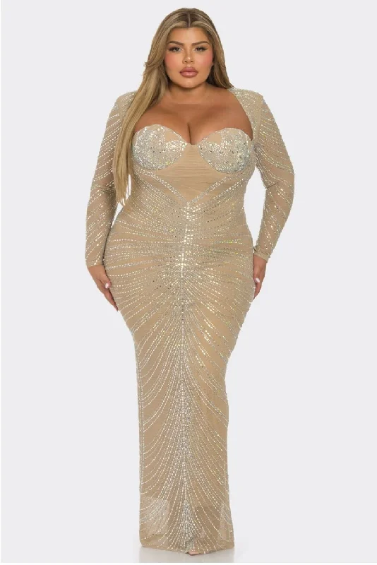 embroidered maxi dress-Glam Glam Plus Size Tan Rhinestones Fishnet Maxi Dress