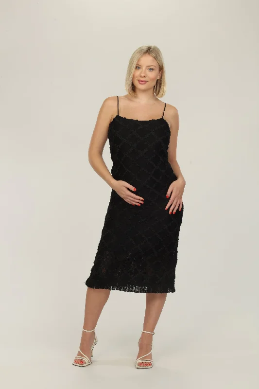 formal midi dress-Black Fringe Hem Lace Midi Dress