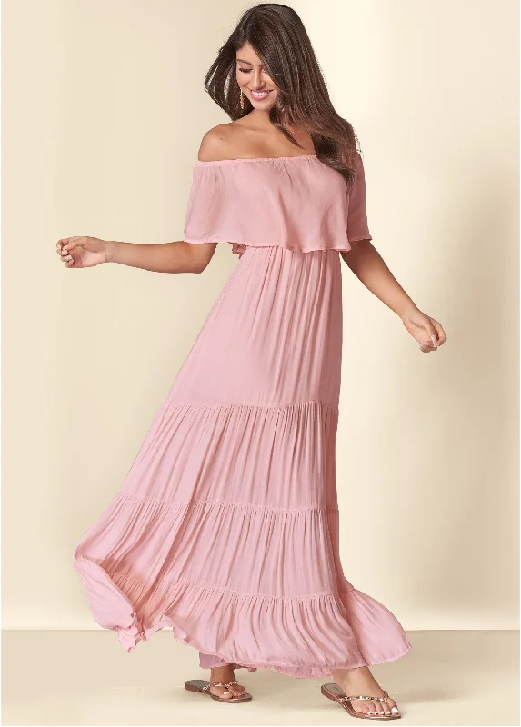 satin maxi dress-Tiered Maxi Dress - Blush