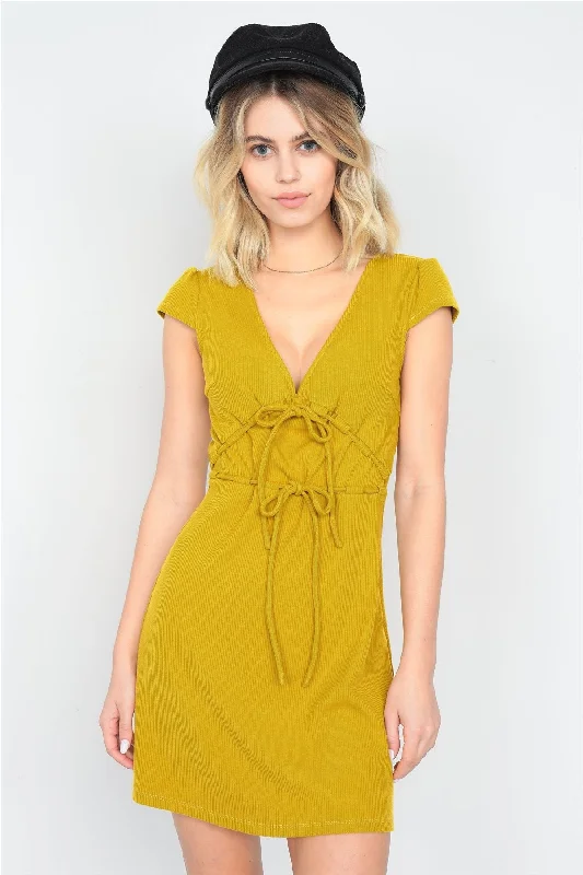 Modest mini dresses with high necklines-Mustard Ribbed V-neck Cap Sleeve Mini Solid Casual Dress