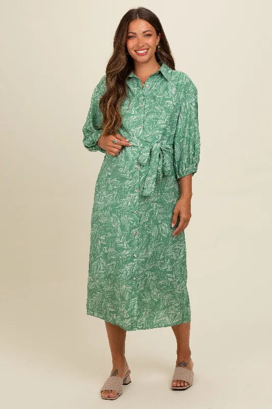 retro midi dress-Green Mocha Leaf Print Button Down Front Tie Maternity Midi Dress