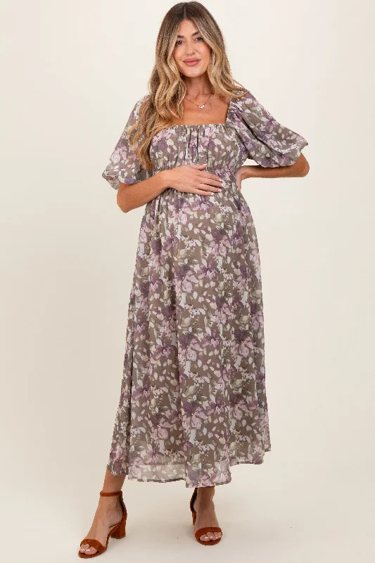 skater midi dress-Taupe Floral Square Neck Short Puff Sleeve Maternity Midi Dress