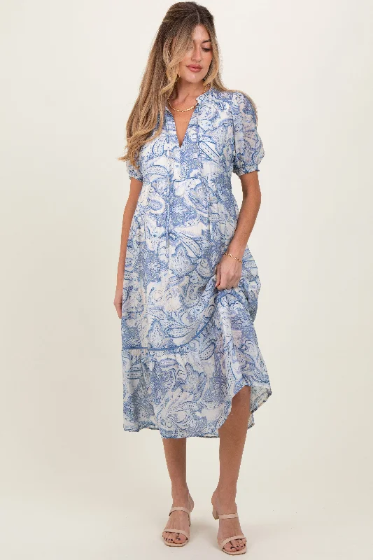 sporty midi dress-Blue Paisley Front Tie Ruffle Trim Maternity Midi Dress