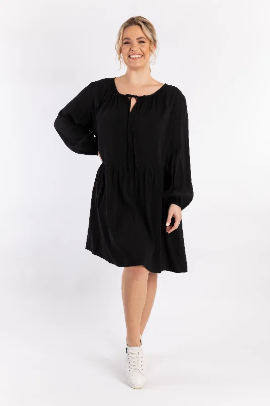 beach midi dress-Long Sleeve Tie Front Midi Dress | Black | FINAL SALE