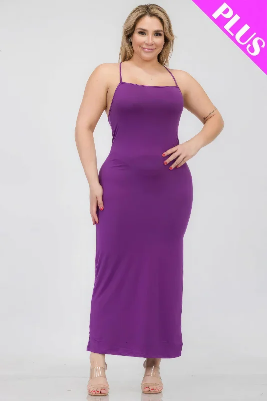 high neck maxi dress-Plus Size Crisscross Back Split Thigh Maxi Dress