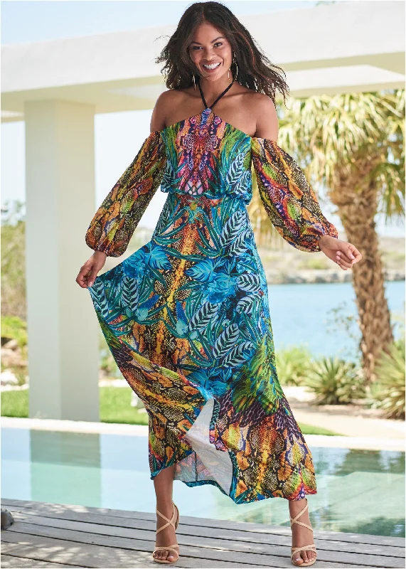 smocked maxi dress-Printed Maxi Dress - Blue Multi