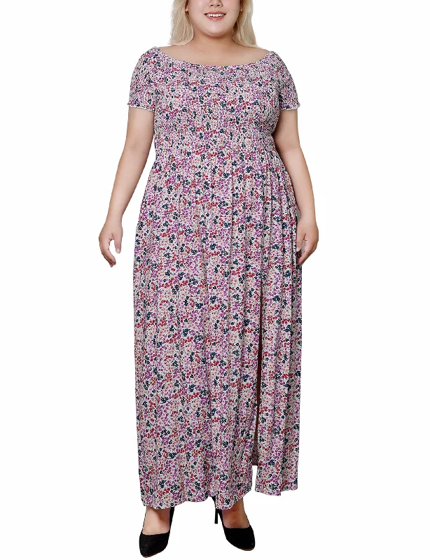 high-low maxi dress-Plus Size Smocked Bodice Maxi Dress