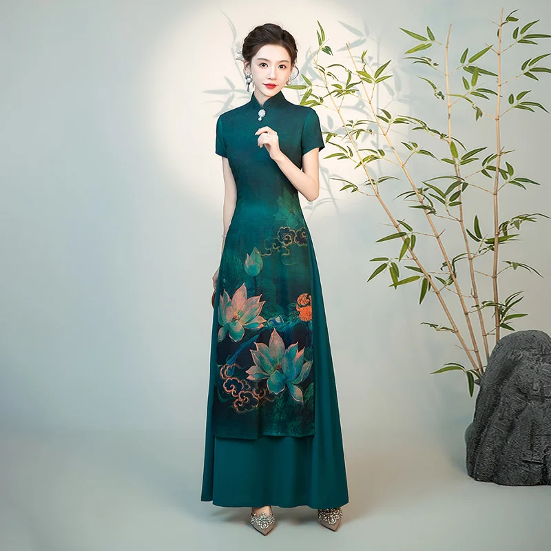 casual t-shirt maxi dress-(S-5XL) Plus Size Green Lotus A Line Qipao Maxi Dress