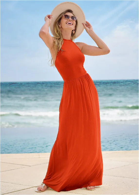 bohemian style maxi dress-High Neck Maxi Dress - Tangerine Tango