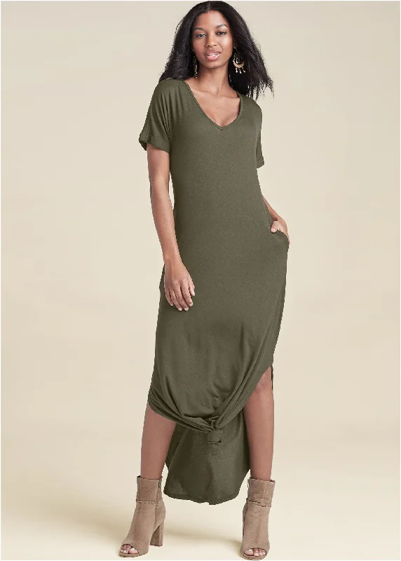 smocked bodice maxi dress-Casual T-Shirt Maxi Dress - Olive