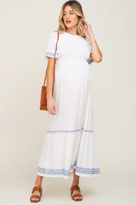 white maxi dress-White Embroidered Accent Maternity Maxi Dress