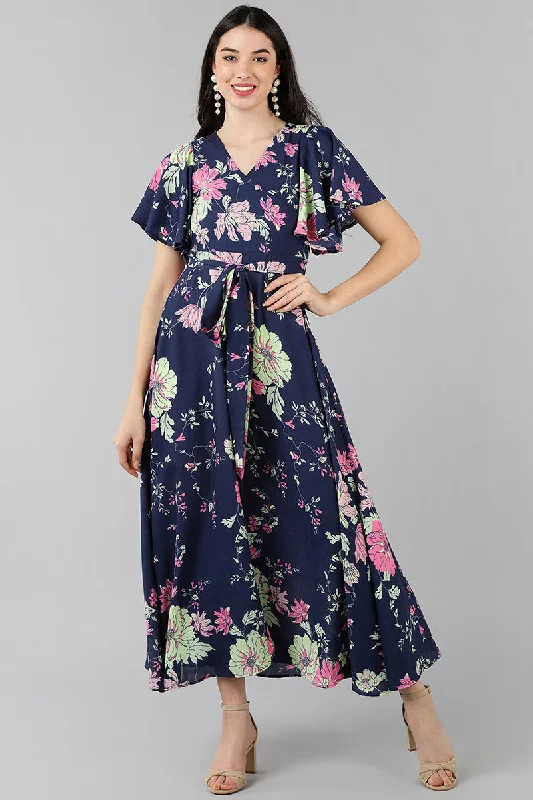 high neck maxi dress-Purple Georgette Floral Printed Flared Maxi Dress