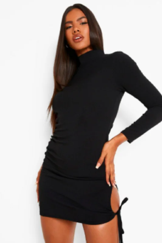 Mini dresses with thigh-high slit for drama-Long Sleeve Black Mini Dress