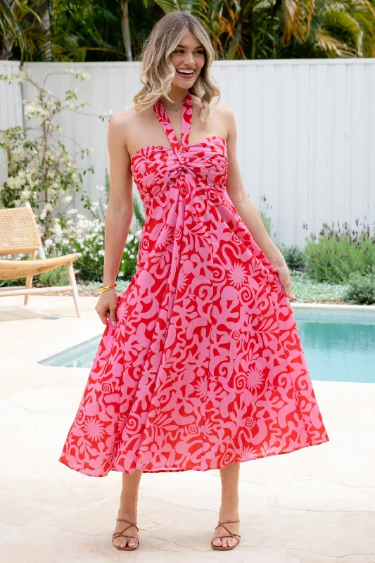 casual wrap maxi dress-Aphrodite Halter Maxi Dress Solstice Print Red Pink