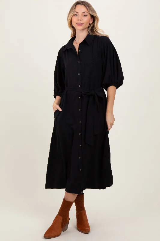 bishop sleeve midi dress-Black Sash Tie Midi Shirt Dress