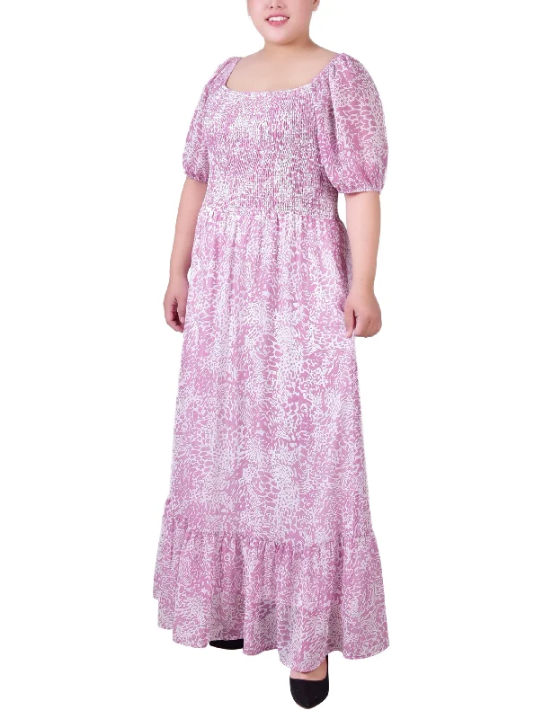 floral boho maxi dress-Plus Size Short Sleeve Smocked Maxi Dress