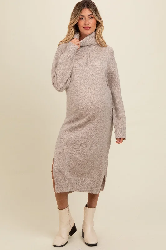 high neck midi dress-Beige Turtleneck Side Slit Knit Maternity Midi Sweater Dress