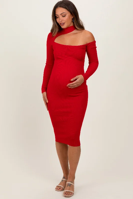 frill hem midi dress-Red Mock Neck Cutout Maternity Fitted Midi Dress